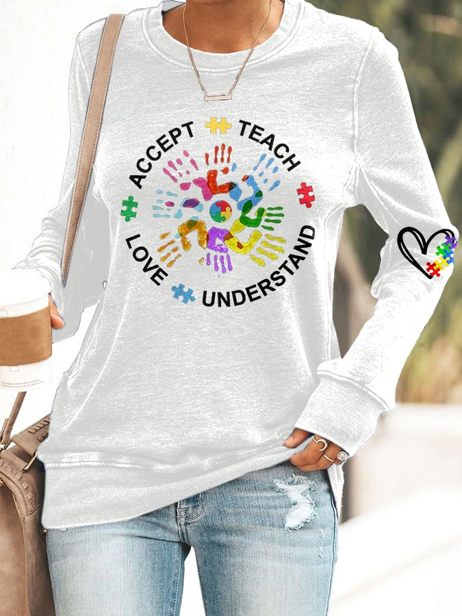 Women's Autism Teach Love Understand Print Sweatshirt