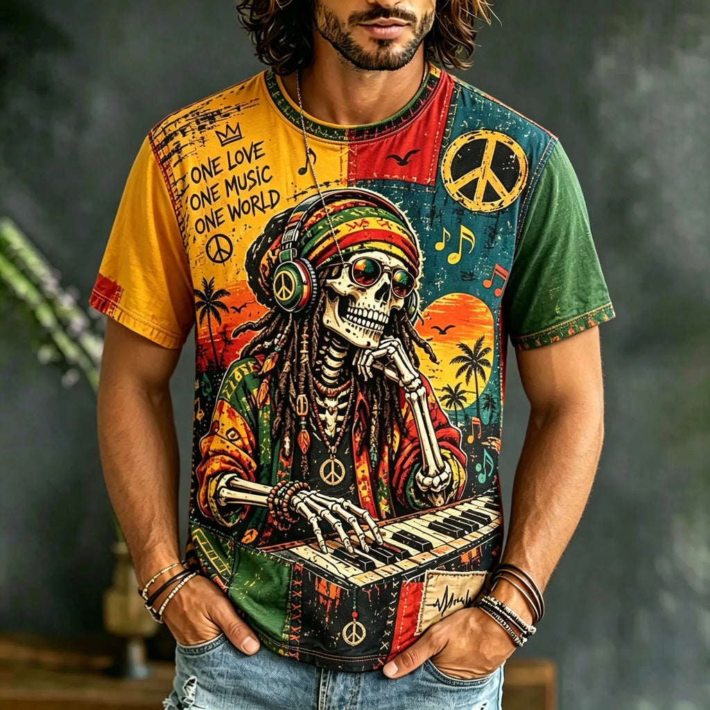 Men's Retro Music Skull Hippie Print Short-sleeve T-shirt