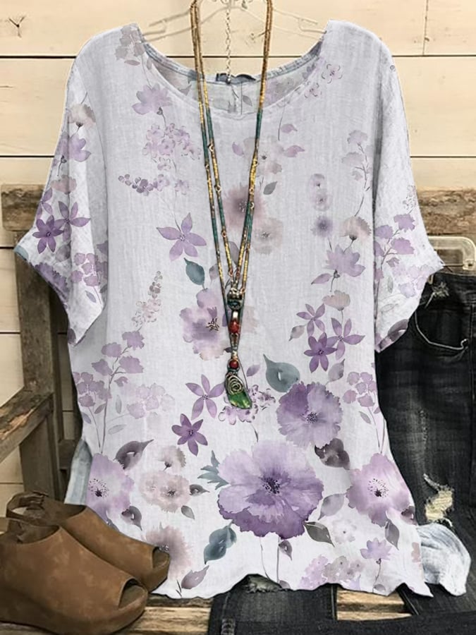 Women's Purple Floral Slit Top