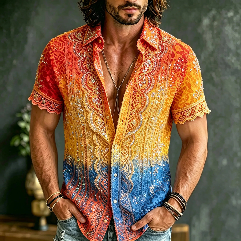Men's Retro Hippie Style Leopard Print And Lace Pattern Print Short-sleeved Shirt