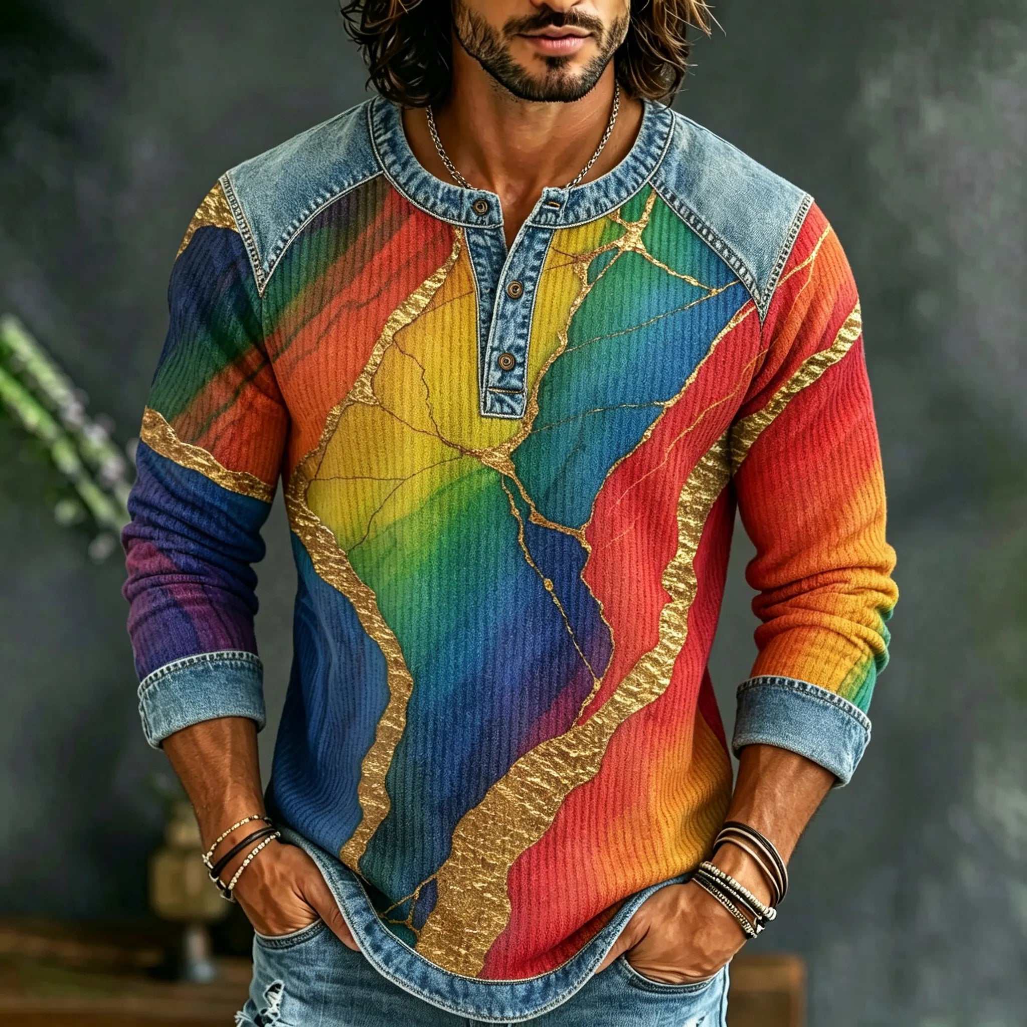 Men's Hippie Retro Tie-dye Marble Print Long-sleeve T-shirt