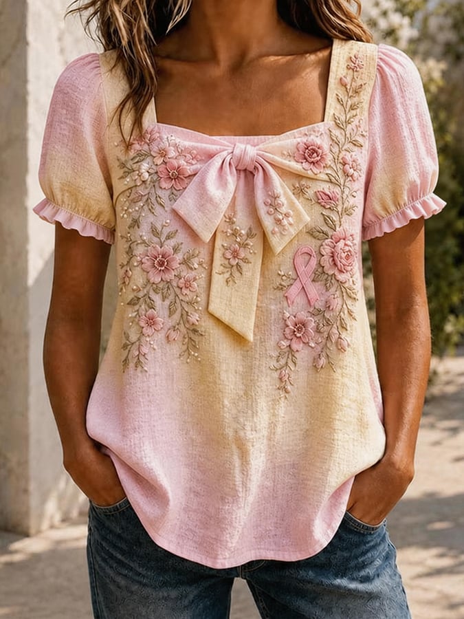 Women'S Pink Floral Breast Cancer Print Top