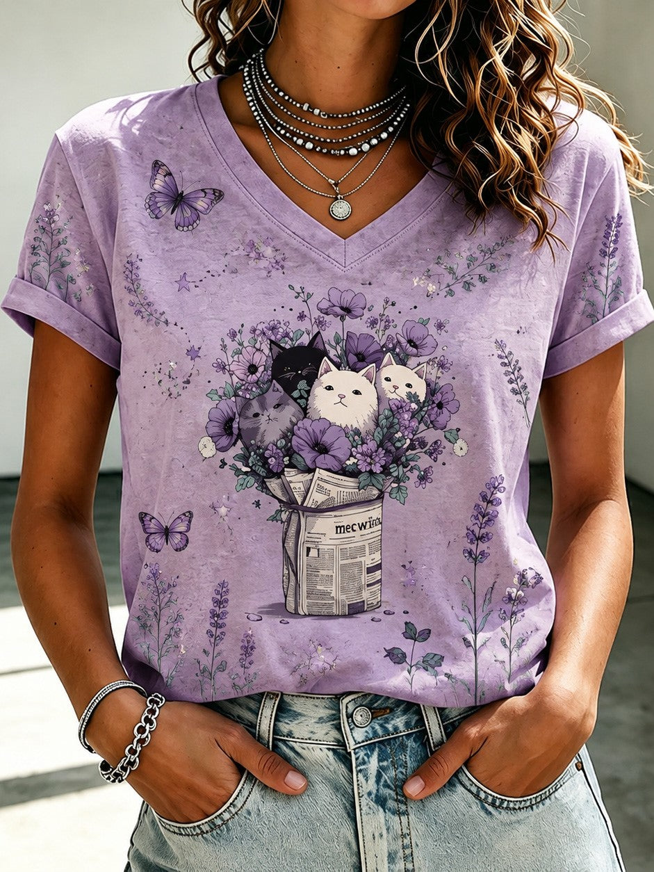 Women's Retro Bohemian Floral And Cat Print Cotton Linen T-shirt
