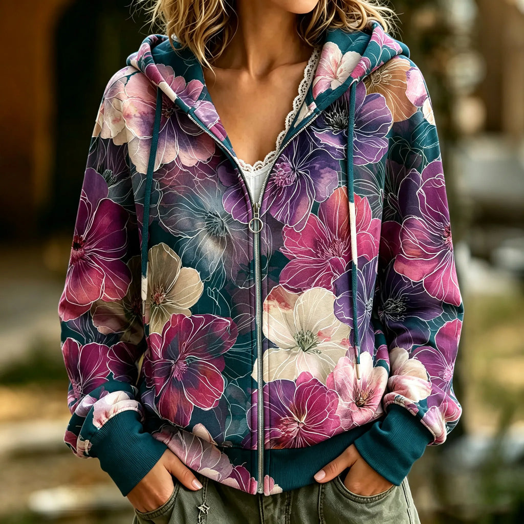 Women's Retro Floral Art Print Zipper Hoodie