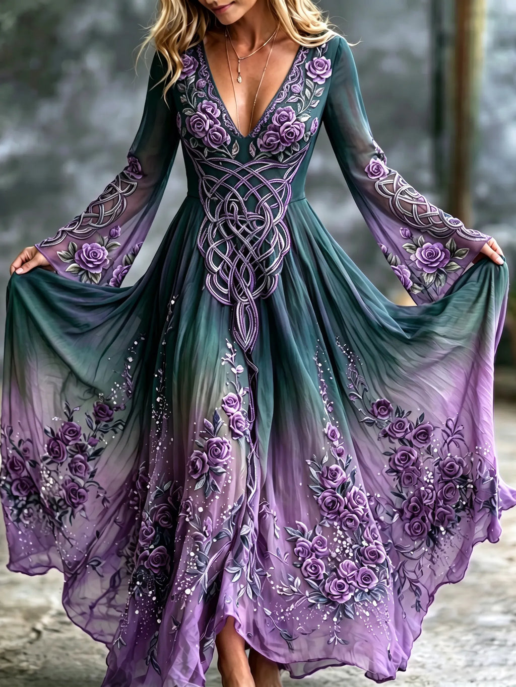 Women's Retro Viking Celtic Knot And Rose Pattern Casual Long-sleeve Dress