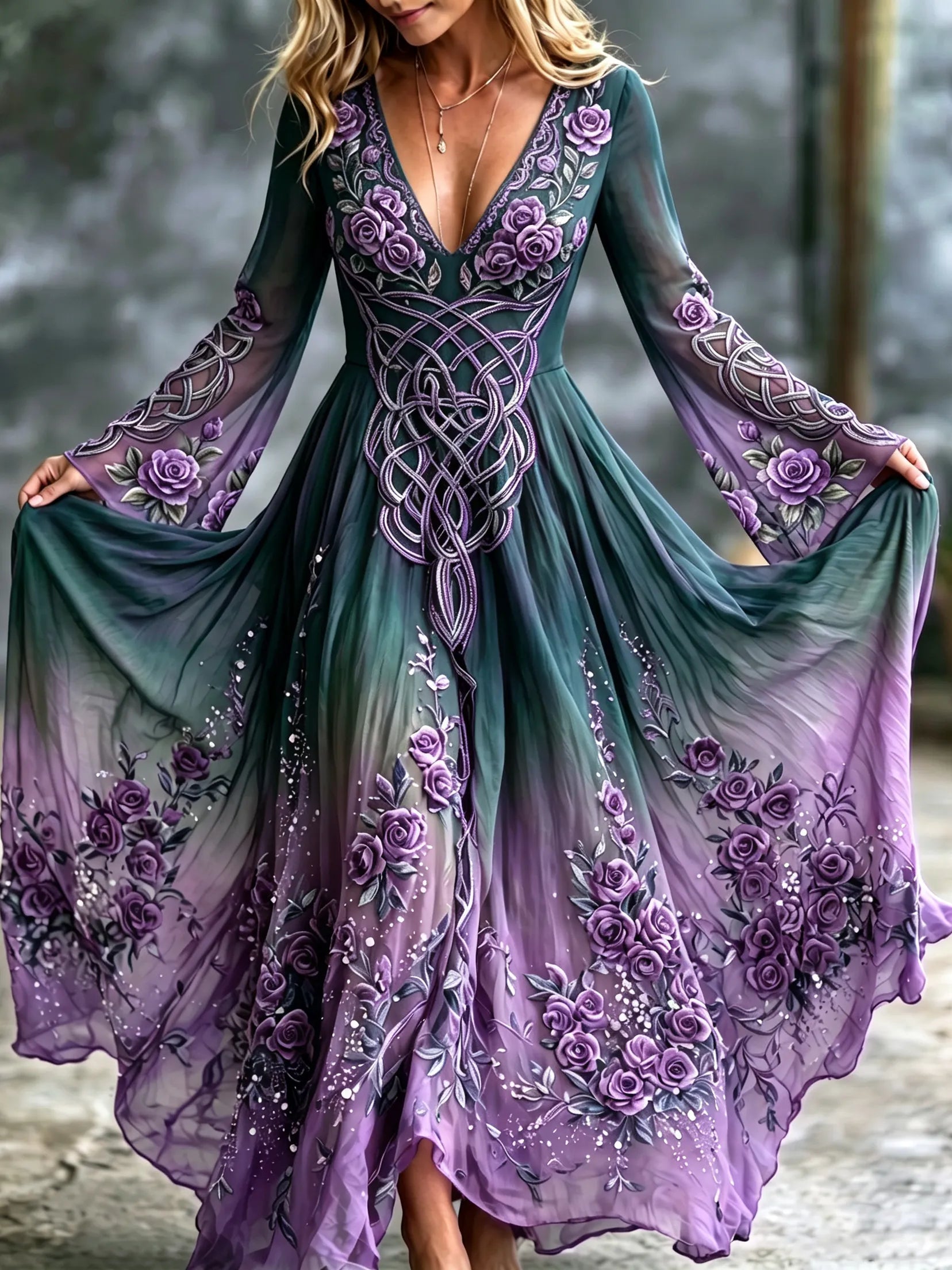 Women's Retro Viking Celtic Knot And Rose Pattern Casual Long-sleeve Dress