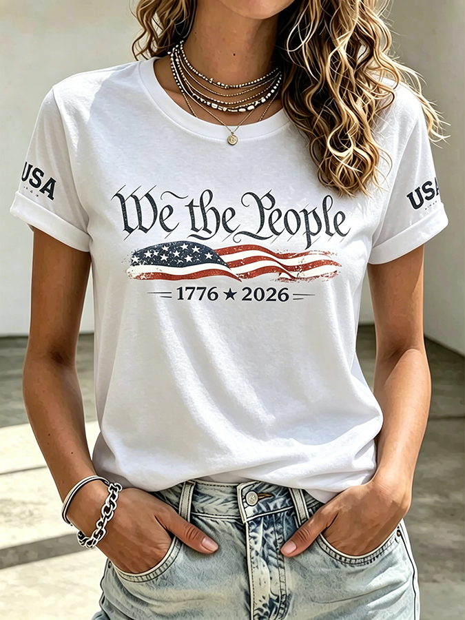 Embroidered Printed Round Neck Short Sleeved T-Shirt Commemorating The 250Th Anniversary Of The United States