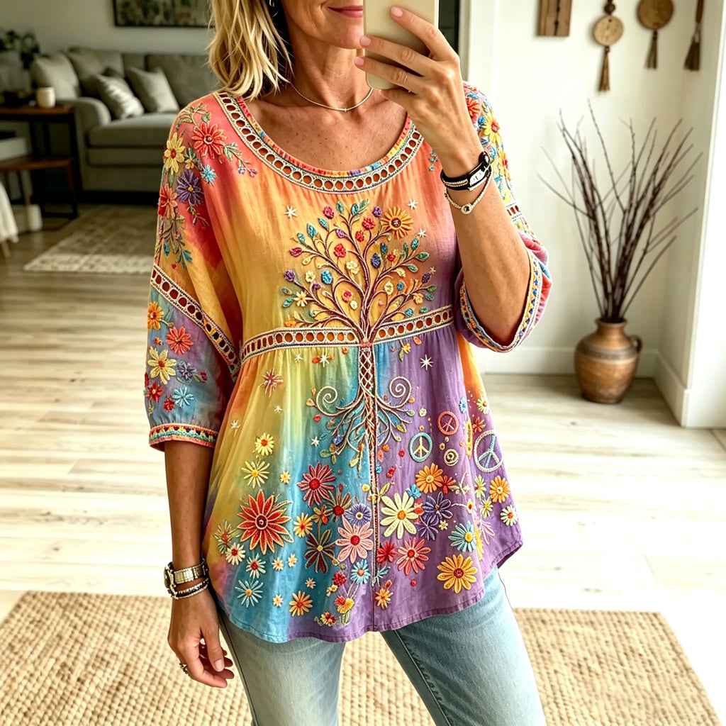 Women's Retro Hippie Life Of Tree Floral Embroidery Art Crew Neck Linen Blend T-shirt