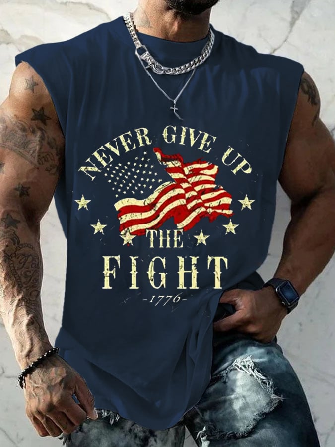 Men's Retro Never Give Up Fight 1776 Independence Day Patriotic Print Casual Tank Top