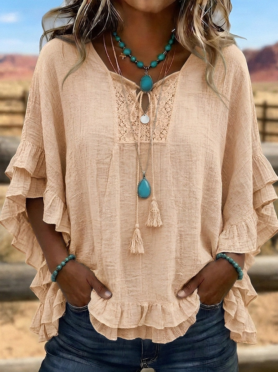 Women's Western Vintage Lace Ruffle Trim Printed Top