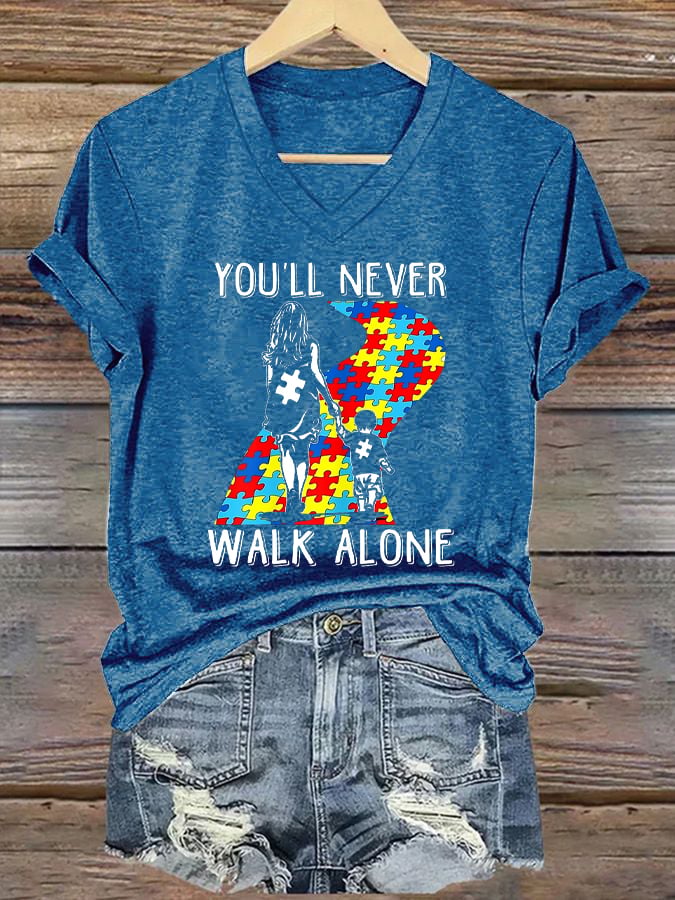 Women's "You'll Never Walk Alone" Autism Awareness Printed Casual V-Neck T-Shirt