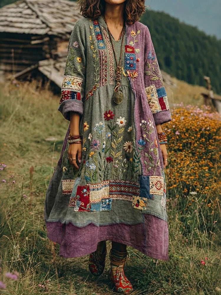 Women's Bohemian Retro Ethnic Floral Color-blocked Art Print Flowy Linen Blend Long-sleeve Casual Dress