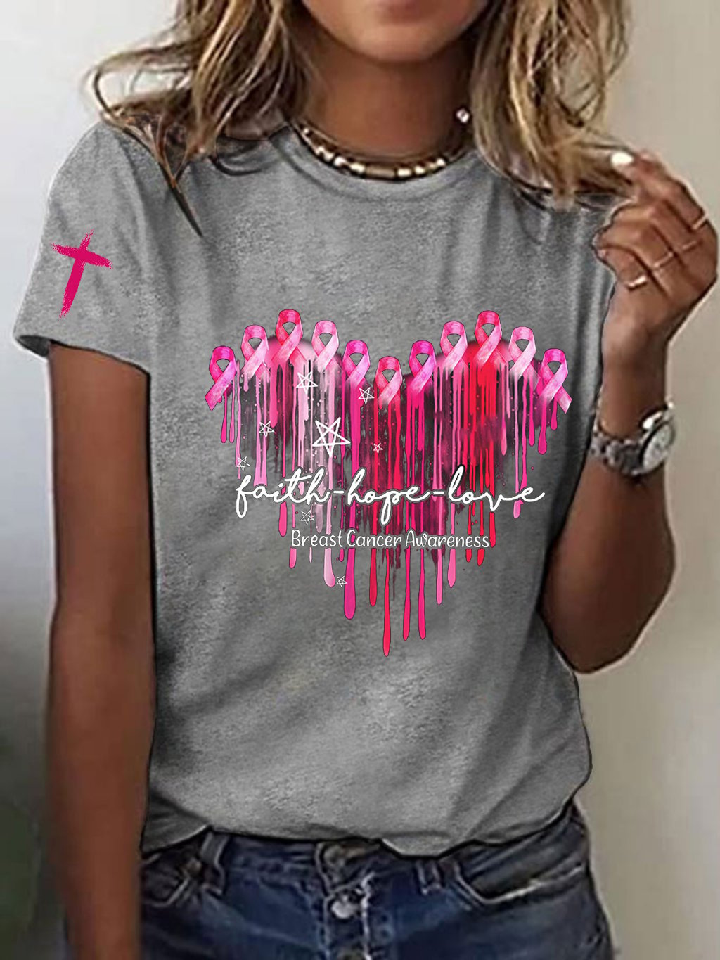 Women's Breast Cancer Faith Hope Love Print T-Shirt