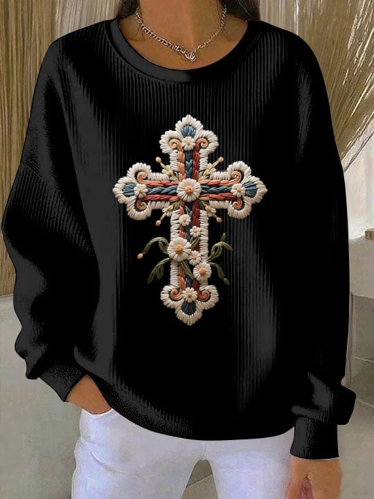 Women's Embroidered Cross Art Print Crew Neck Sweatshirt