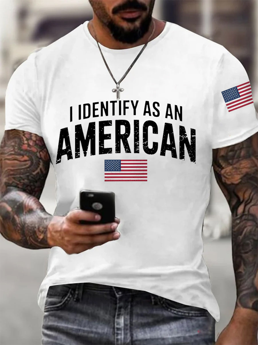 Men's I Identify As An American USA Flag Patriotic Gift Print Casual Tee