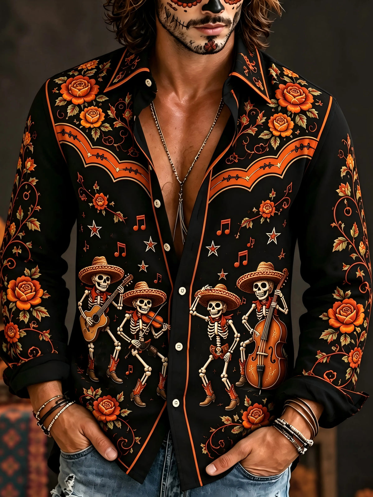Men‘s Retro Mexico Day Of The Dead Floral With Skull Playing The Guitar Printed Long-sleeved Shirt