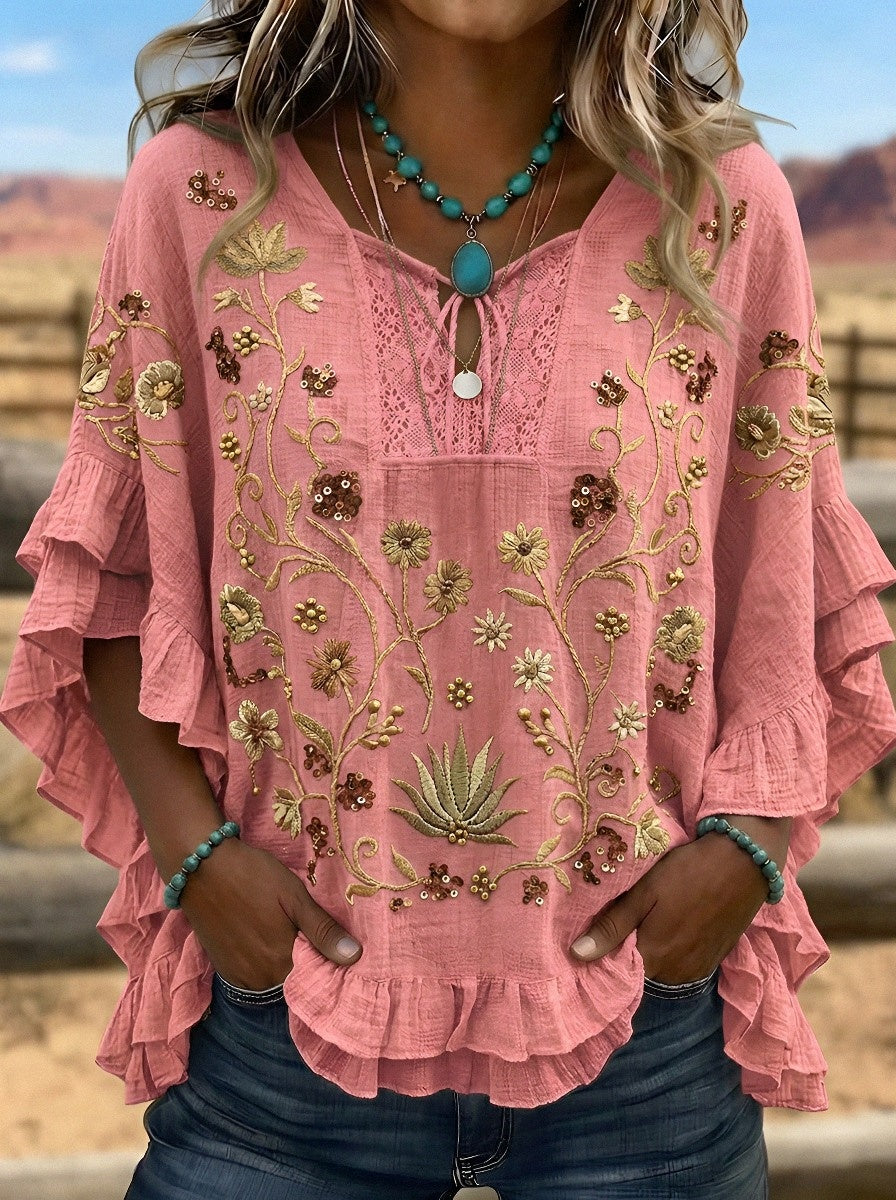 Women's Western Vintage Floral Embroidered Ruffle Sleeve Top