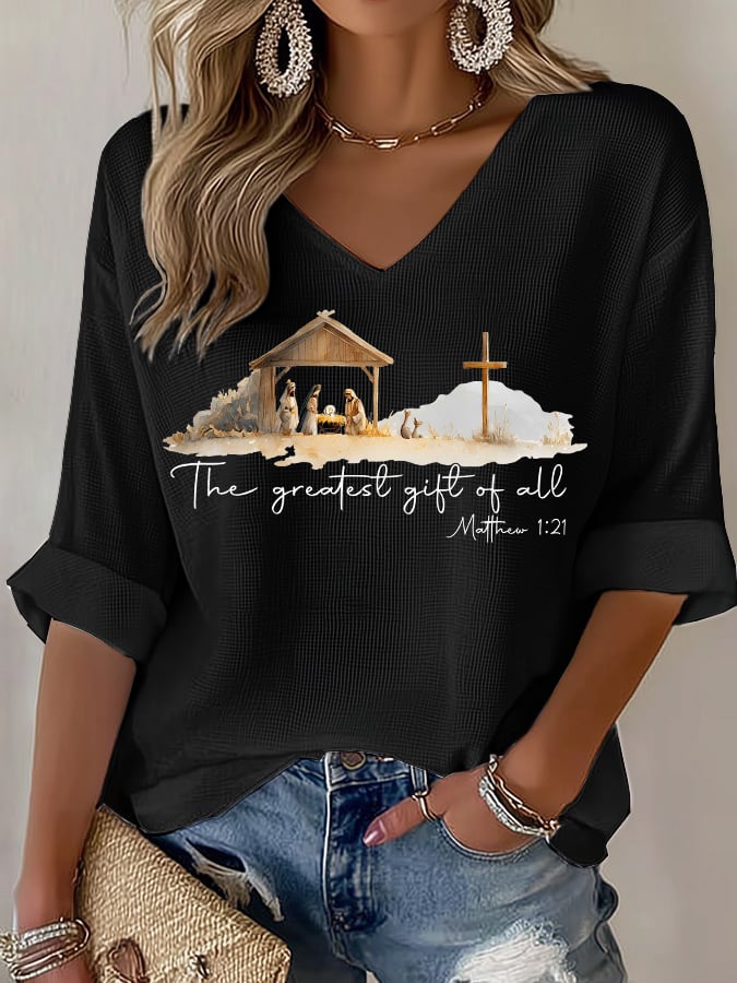 V-Neck Retro Christmas The Greatest Gift Of All Is Jesus Matthew 1:21 Print T-Shirt