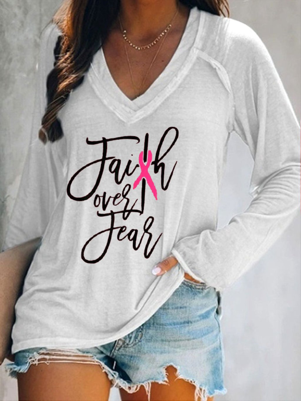 Women's Faith Over Fear Breast Cancer Awareness Print V-Neck Top
