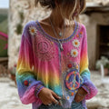 Women's Vintage Hippie Floral Art Print Linen Blend T-shirt