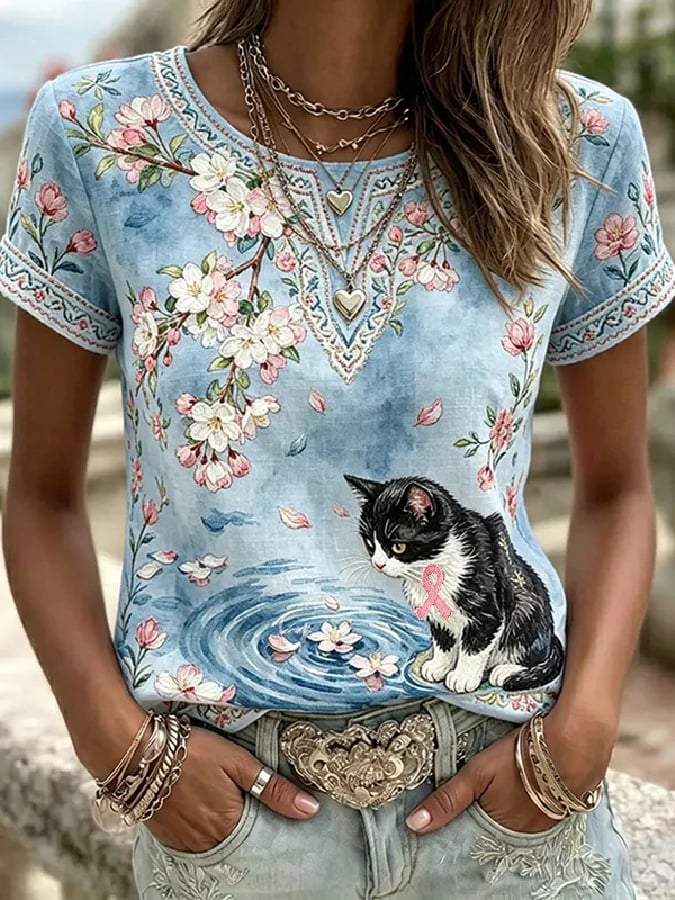 Women's Breast Cancer Awareness Ribbon Print Short-Sleeve T-Shirt