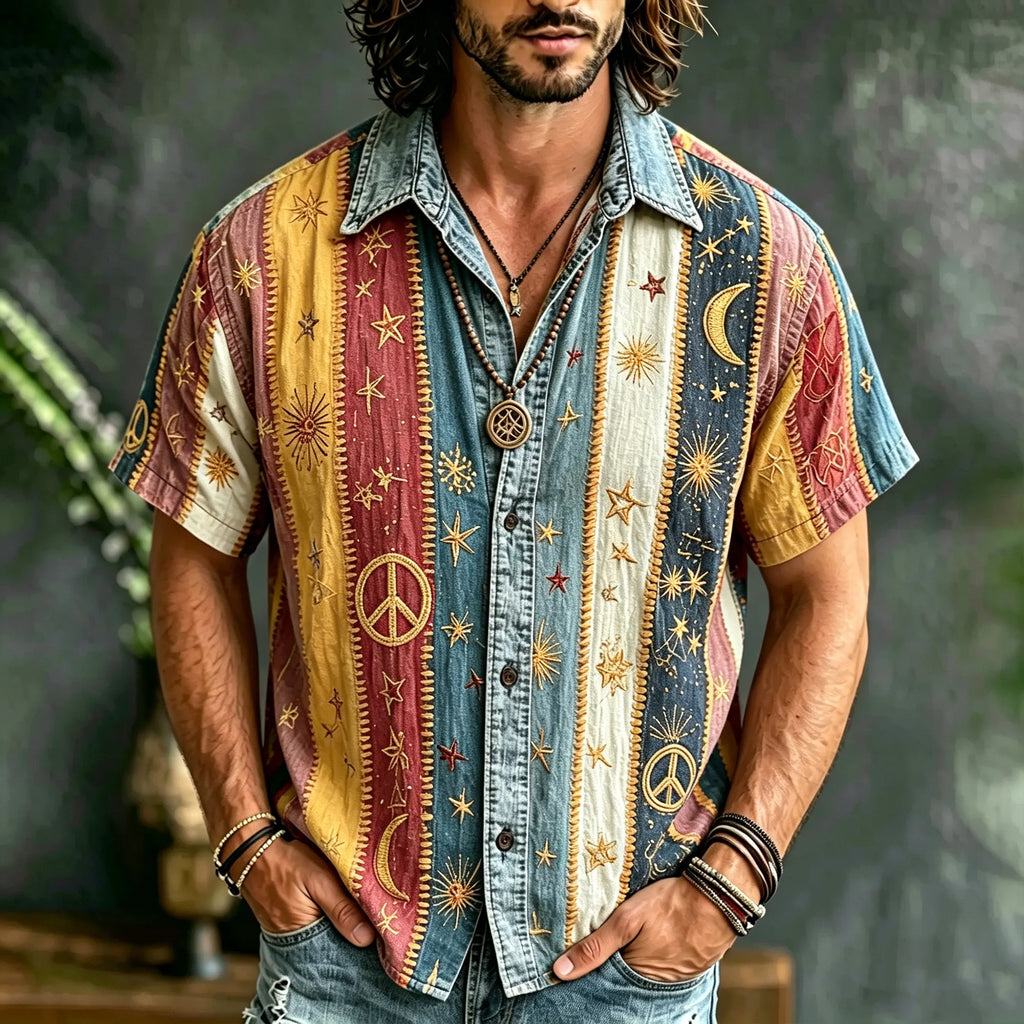 Vintage Hippie Stripe Patchwork Linen Shirt, 3d Embroidery Star & Crescent Casual Summer Short Sleeve Top