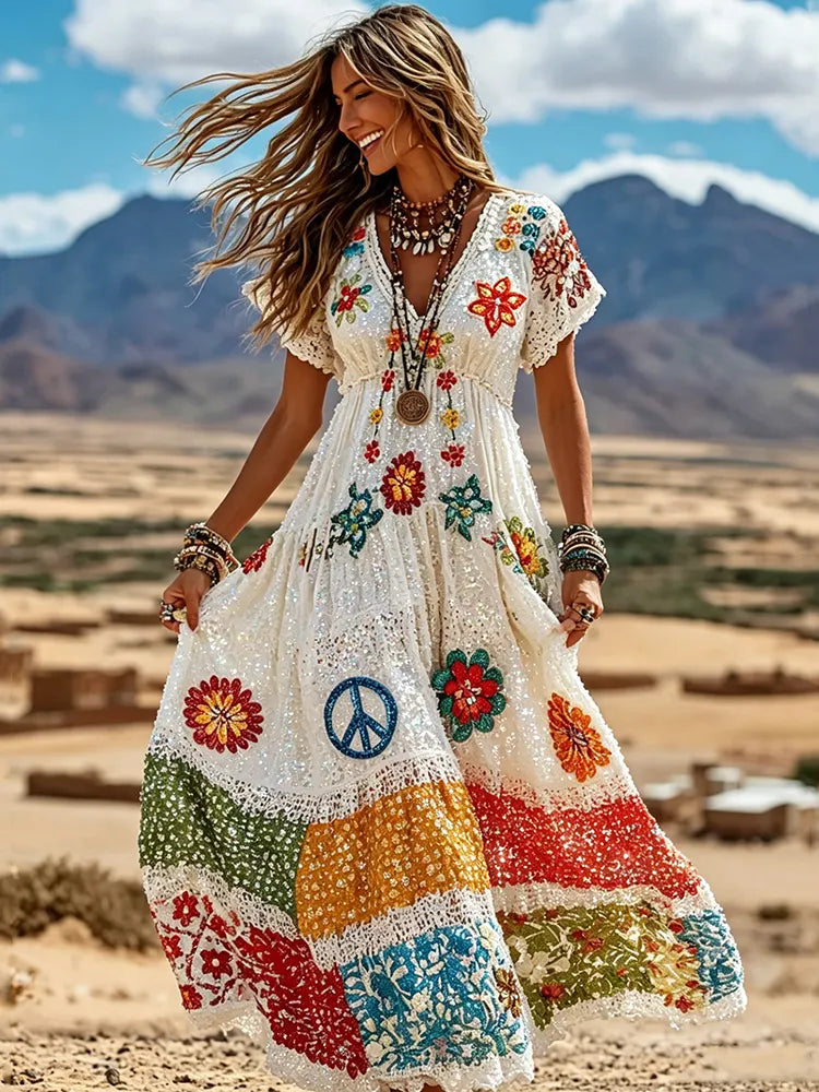 Women's Retro Hippie Floral Print Color Block Cotton Linen V Neck Dress