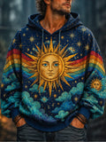 Men's Retro Sun & Rainbow Graphic Hoodie - Celestial Starry Sky Print Pullover Sweatshirt