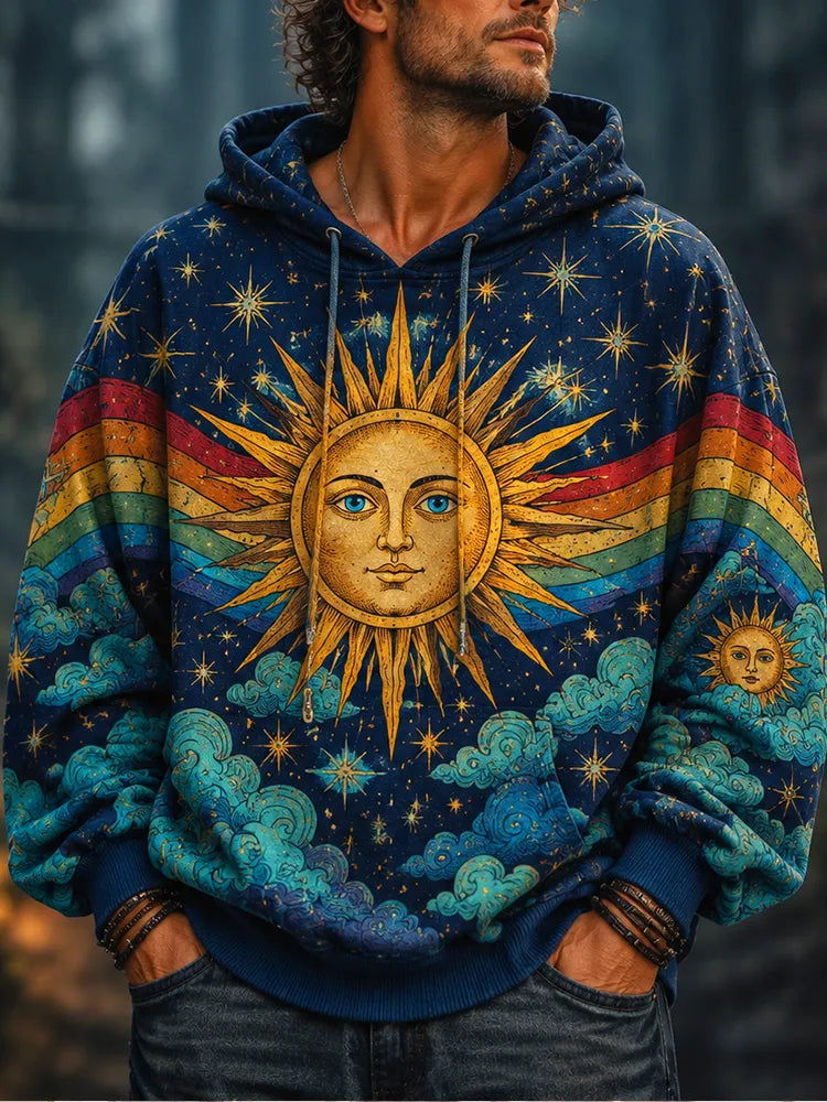 Men's Retro Sun & Rainbow Graphic Hoodie - Celestial Starry Sky Print Pullover Sweatshirt