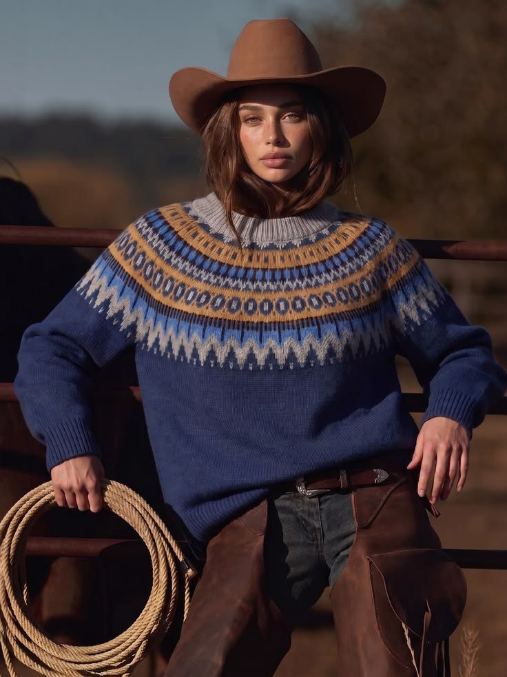 Women's Western Motif Print Knitted Comfort Round Neck Sweater