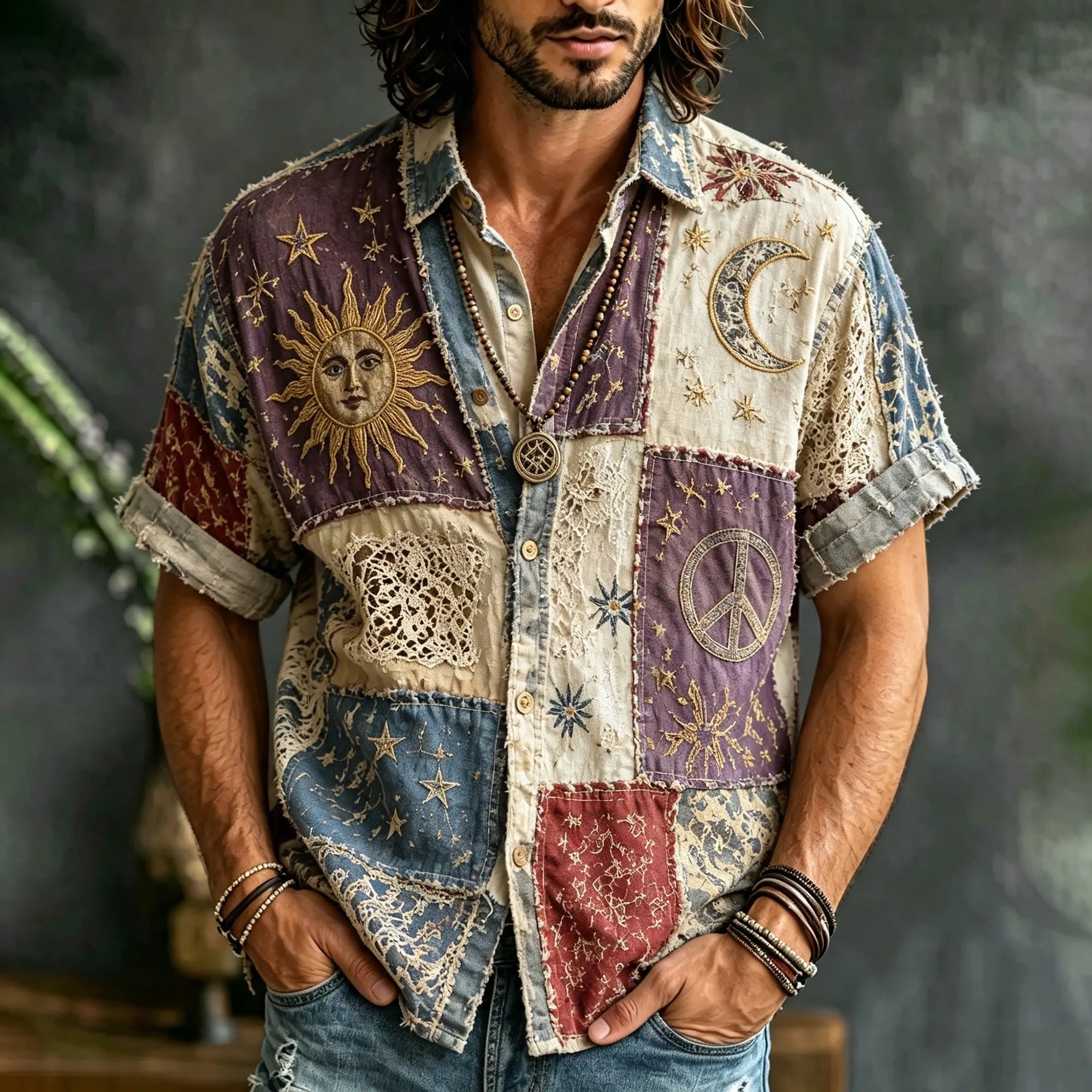 Vintage Hippie Style Patchwork Sun And Moon Peace Symbol Embroidered Distressed Casual Men's Shirt
