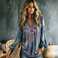 Women's Romantic Floral Art Linen Blend V Neck Long Sleeve Tops