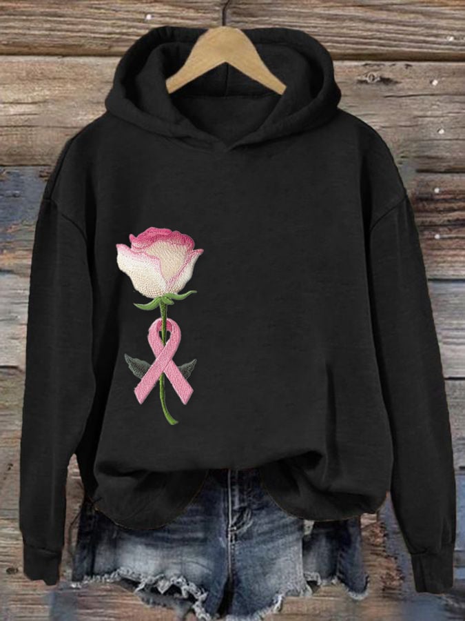 Women's Pink Breast Cancer Floral Print Hoodie