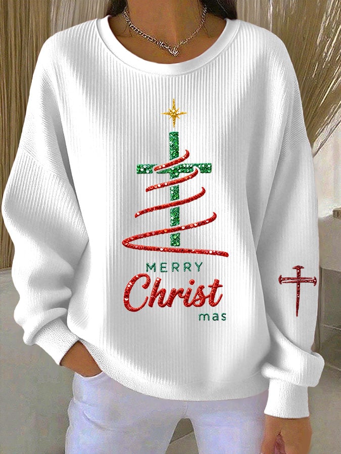 Women's Merry Christmas Faith Print Knit Crew Neck Long Sleeve Top
