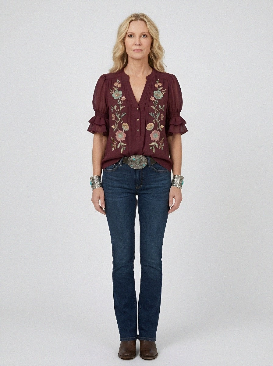 Women's Western Vintage Floral Embroidered Ruffle Sleeve Top
