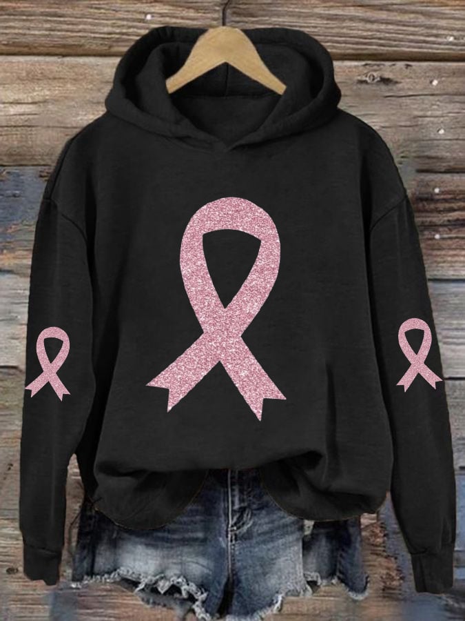 Womens Breast Cancer Sequin Pink Ribbon Hoodie