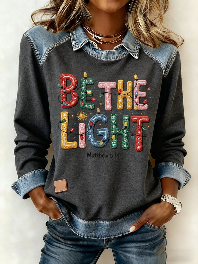 Women's casual autumn and winter look: denim patchwork sweatshirt