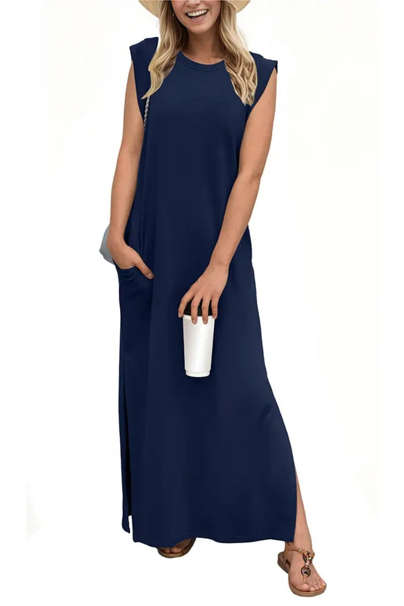 Women Summer Round Neck Casual Loose Split Wrinkle-Free Long Maxi Vacation Dress with Pockets