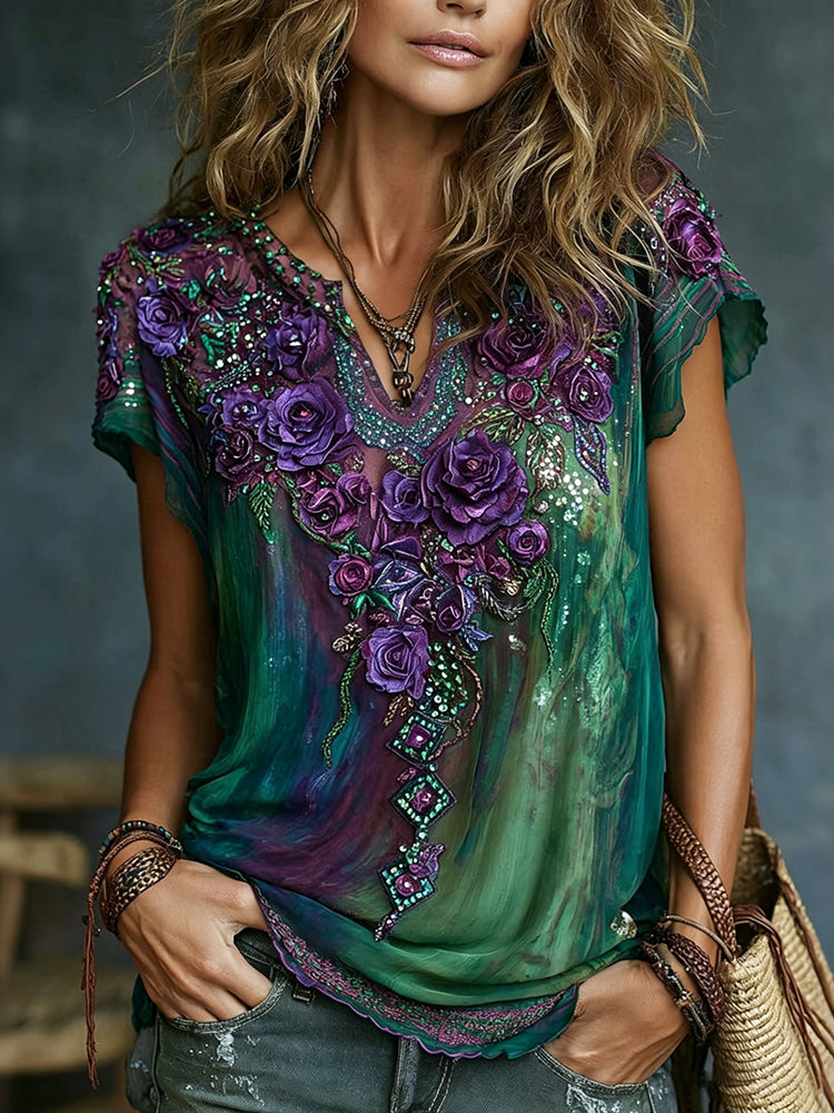 Women's Vintage Romantic Floral Art Linen Blend Tops