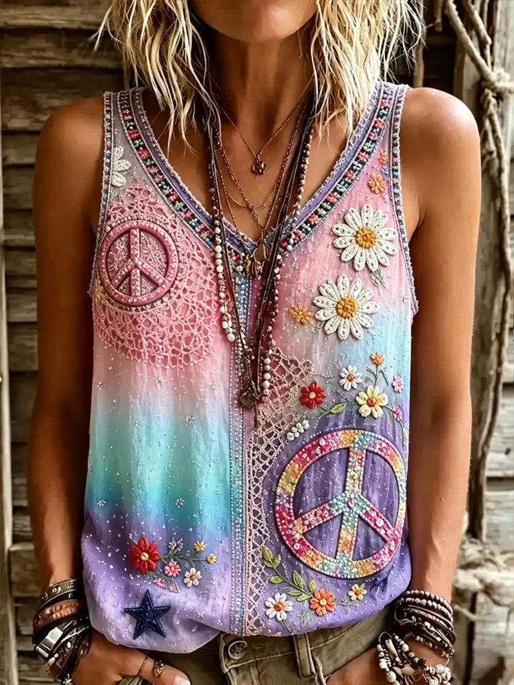 Women's Vintage Hippie Floral Patchwork Art V-neck Casual Tank Top
