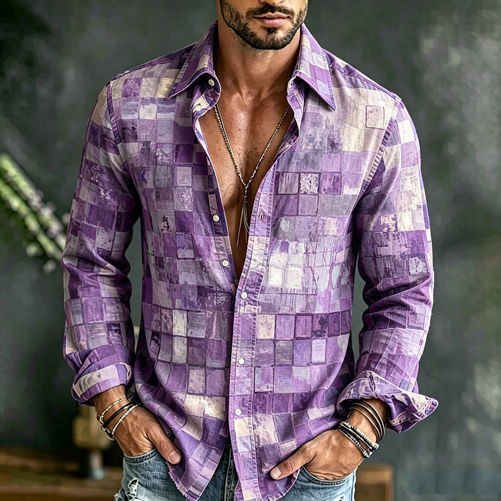 Men's Hippie Color Block Art Patchwork Print Casual Long Sleeve Linen Shirt