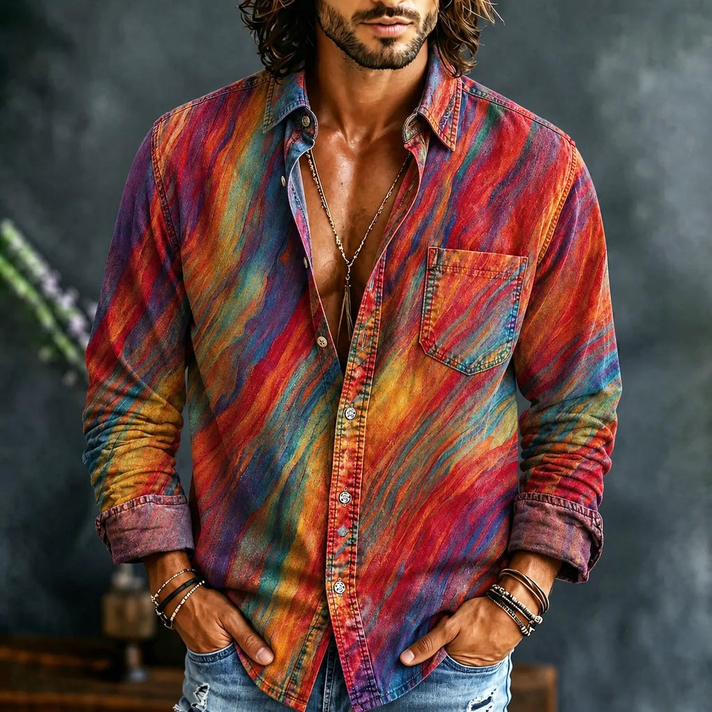 Men's Hippie Color Clash Twill Print Casual Long Sleeve Linen Shirt