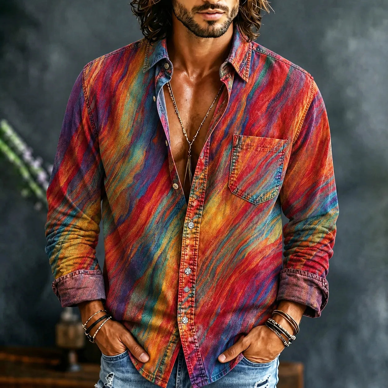 Men's Hippie Color Clash Twill Print Casual Long Sleeve Linen Shirt