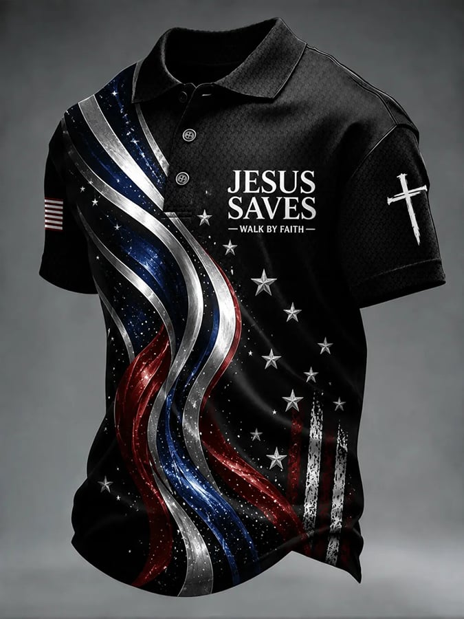 Men's Jesus Saves Walk By Faith Print Polo Shirt
