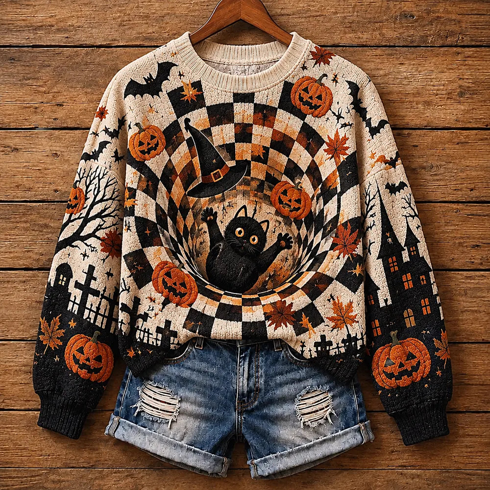 Women's Halloween Optical Illusion Black Cat Pumpkin Crewneck Sweater