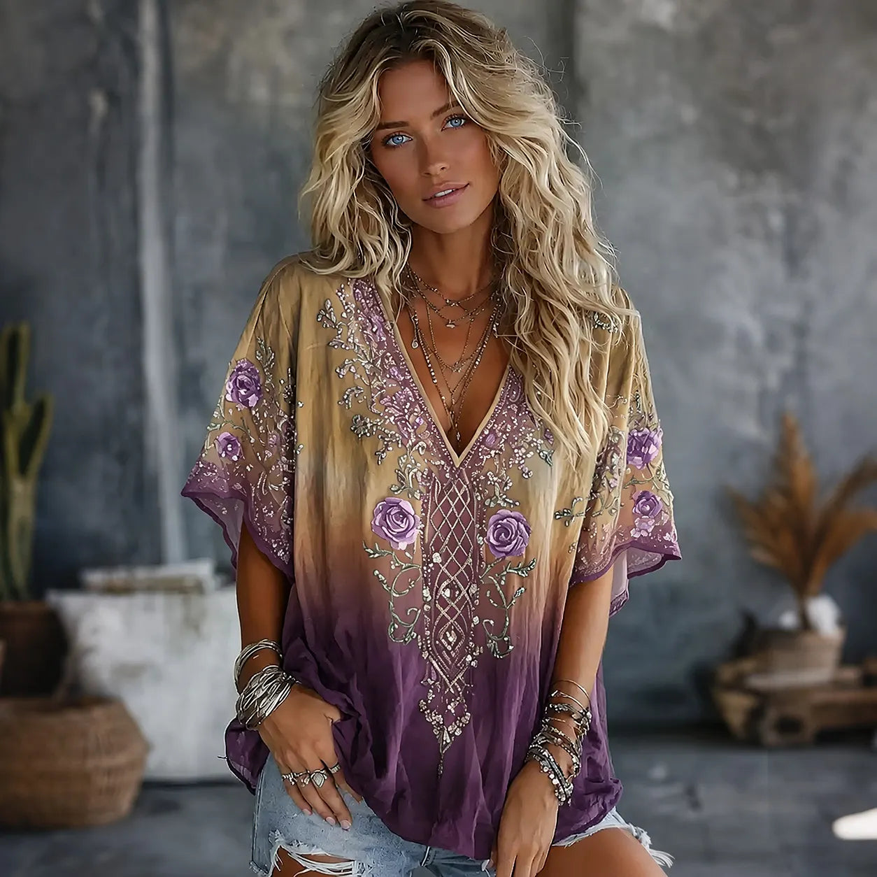 Women's Vintage Celtic Knot Floral Art Flowy Linen Blend Casual Tops