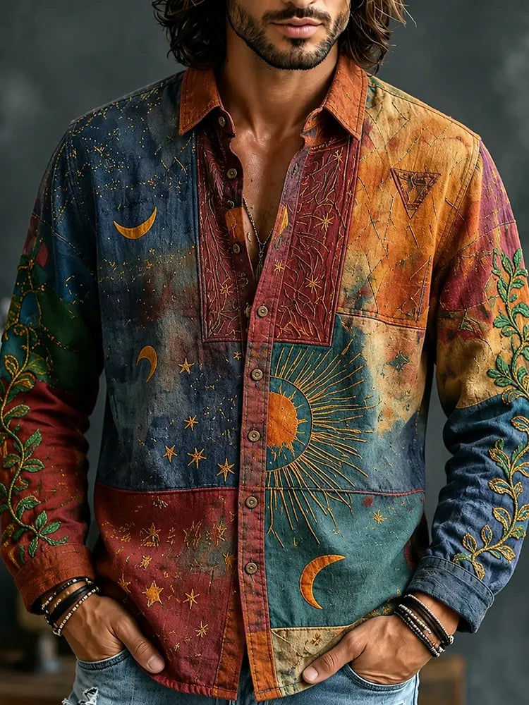 Men's Boho Patchwork Sun Moon Star Print Long Sleeve Shirt