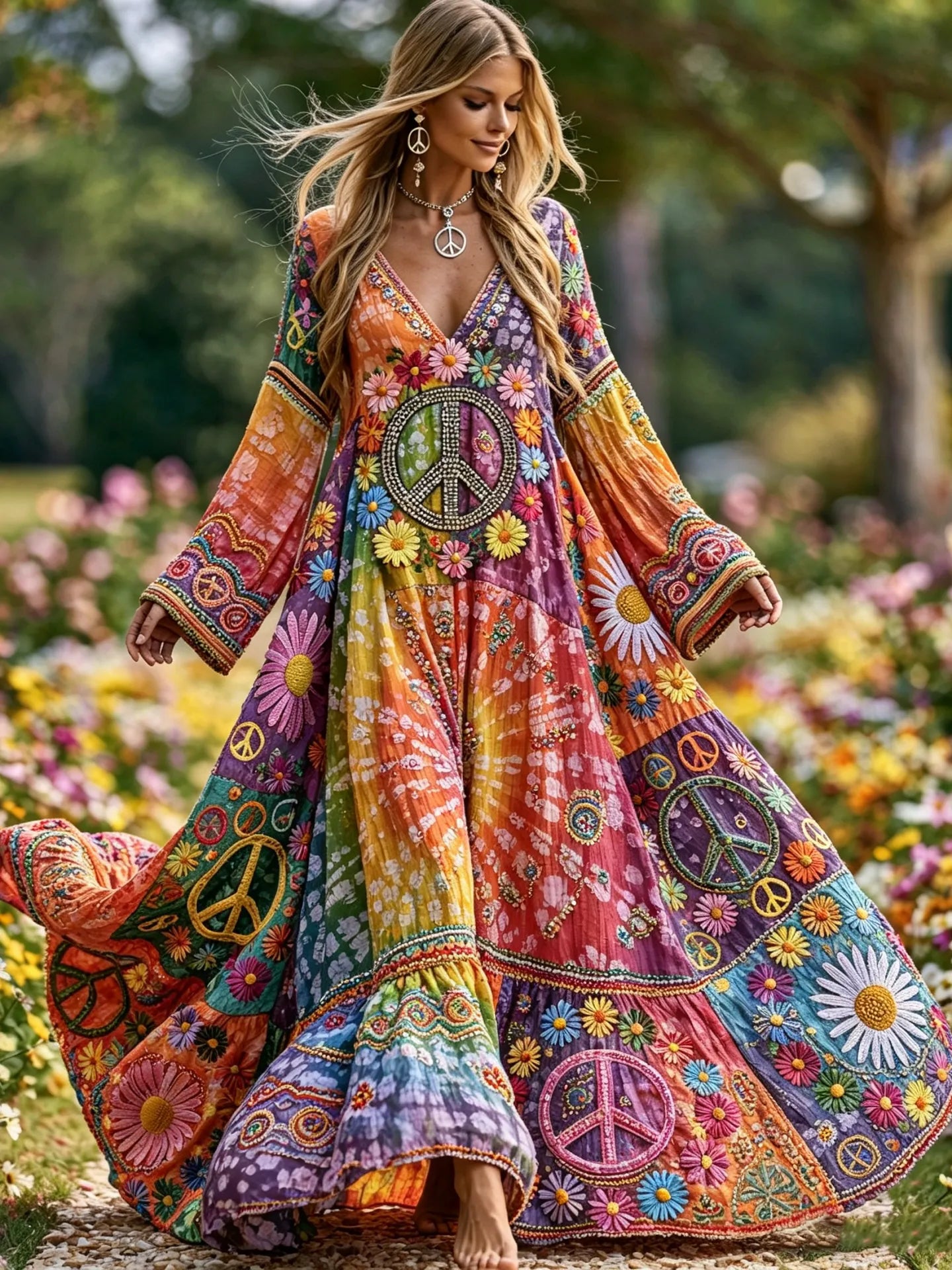 Women's Retro Floral And Peace Gradient Pattern Flowy Linen Blend Casual Long-sleeved Dress