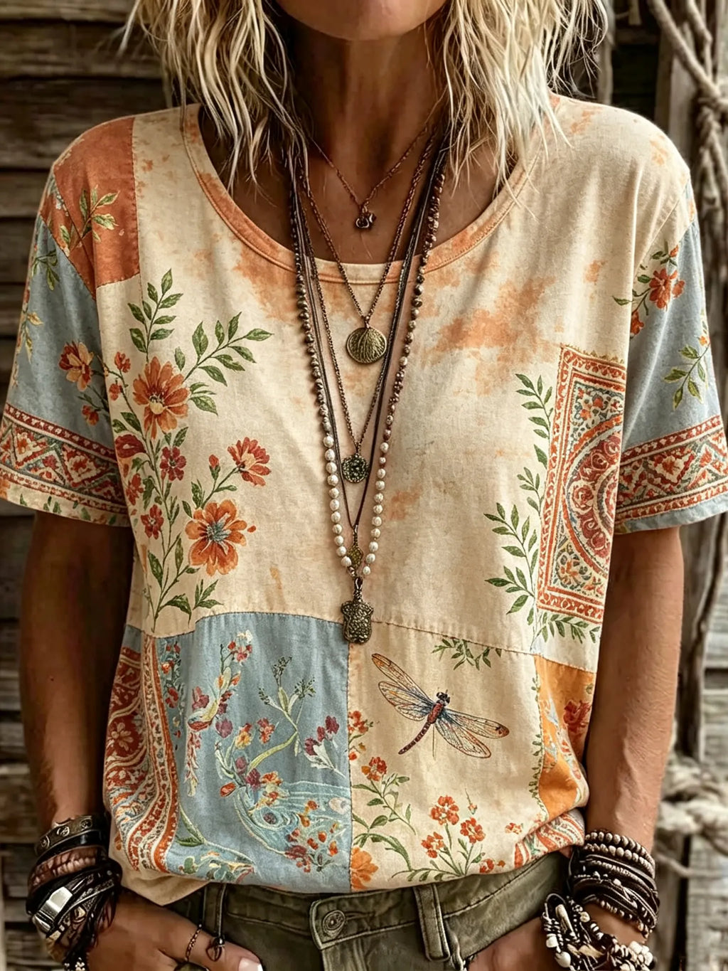Women's Vintage Hippie Floral And Dragonfly Pattern Art  Short Sleeve Tops