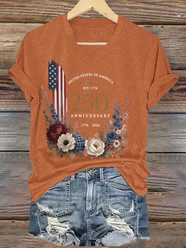 250th Anniversary 1776-2026 Pattern Print V Neck Casual T-Shirt